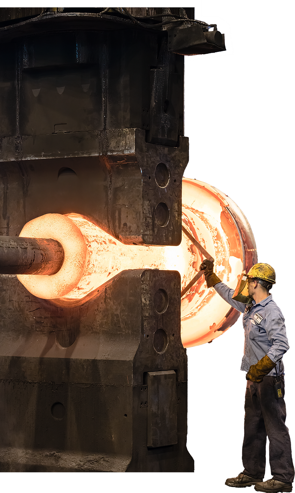 Worker measuring hot forged spindle on open die press2.png